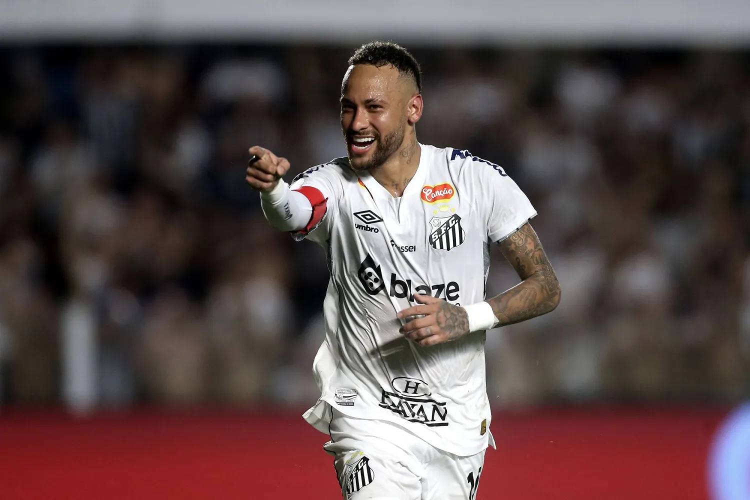 Neymar after scoring first gooal in Santos