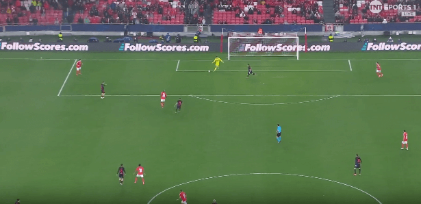 Benfica GK's shot hitting Raphnha for a goal